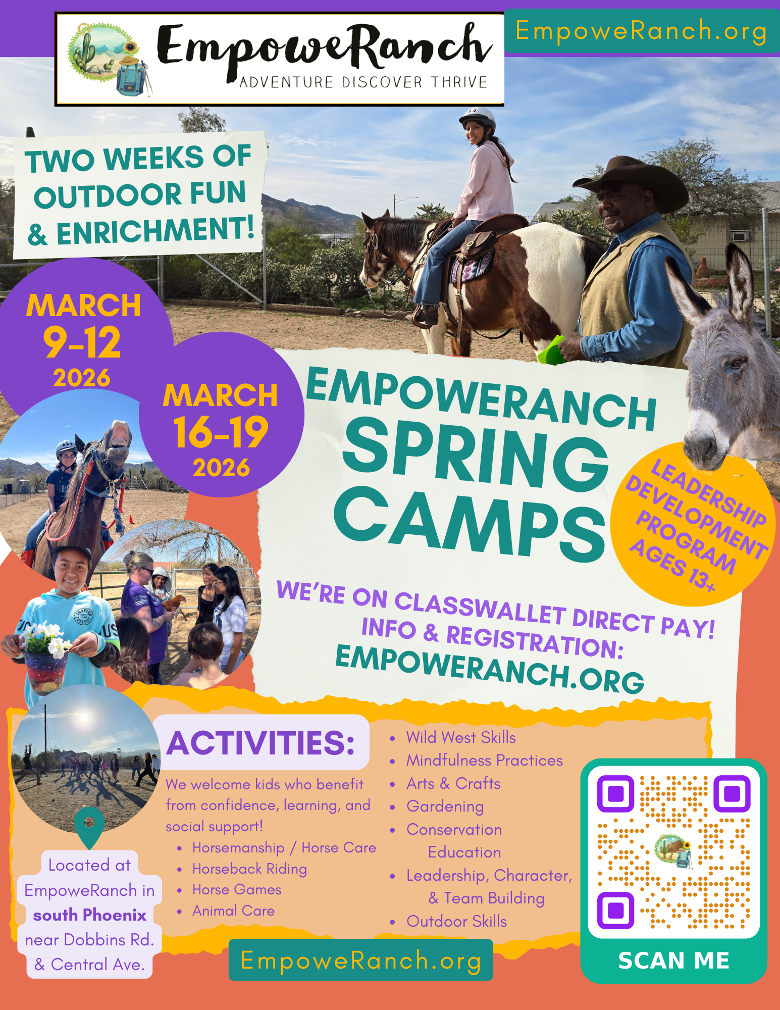 Flyer describing Spring Camps 2026 with all sorts of fun, engaging outdoor and animal-related outdoor activities
