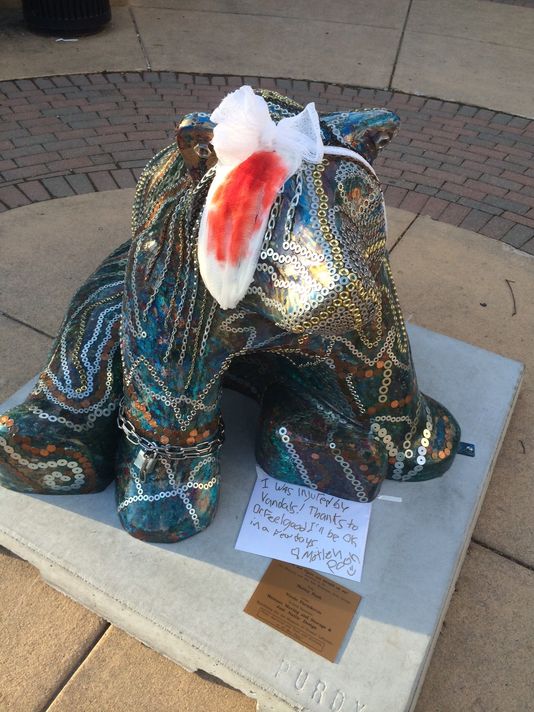 Nicole Paraskevas added a bandage, get-well-soon card and note thanking Dr. Feelgood for healing “Motley Pooh” after she repaired damage caused by vandalism. “Motley Pooh” is on State Street by Scotty’s Brewhouse in West Lafayette. (Photo: Photo provided/Nicole Paraskevas)