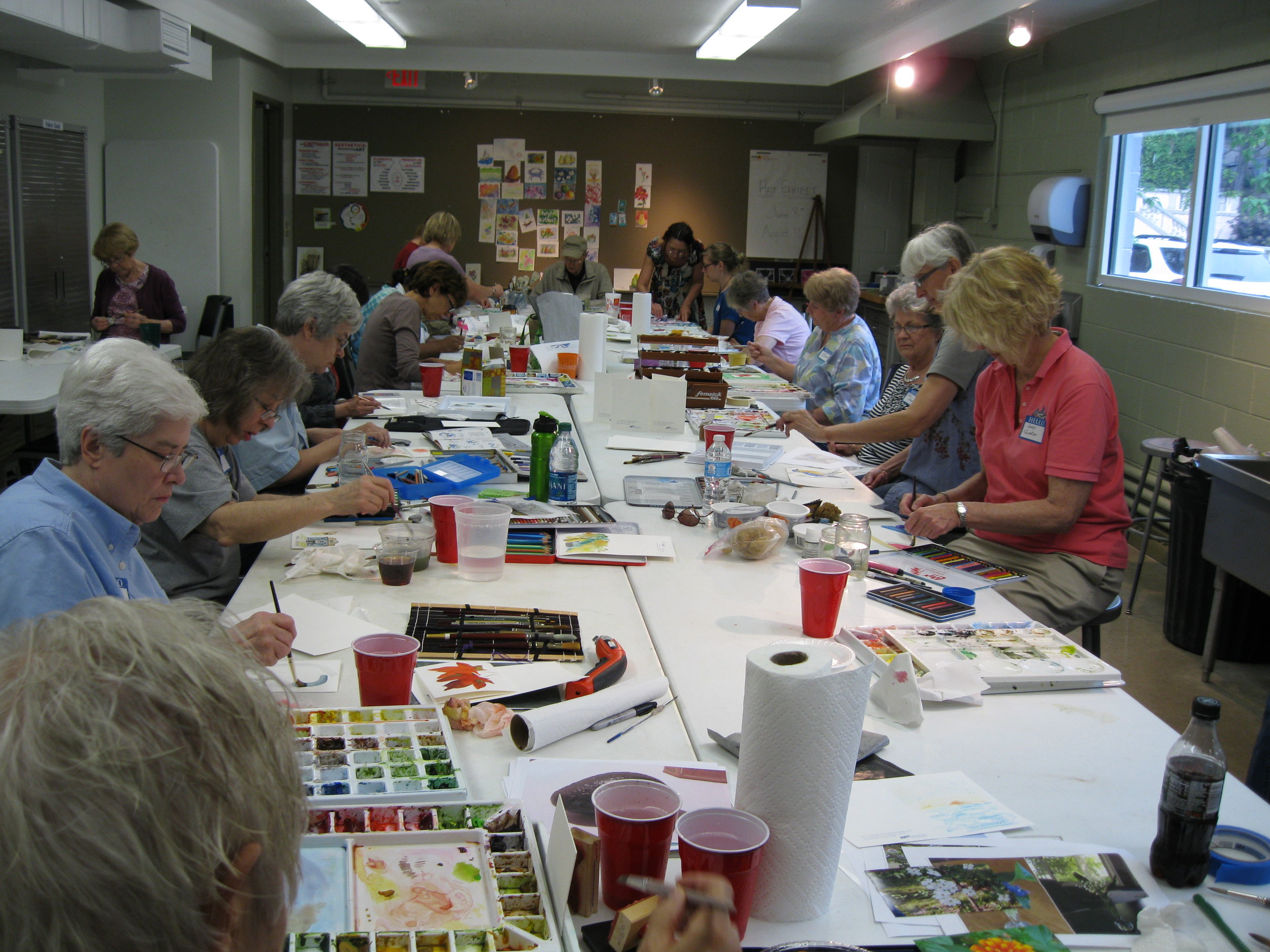 Watercolor Marathon at the Art Museum - class members of all the watercolor classes work on cards to be used as favors at a fundraising event.