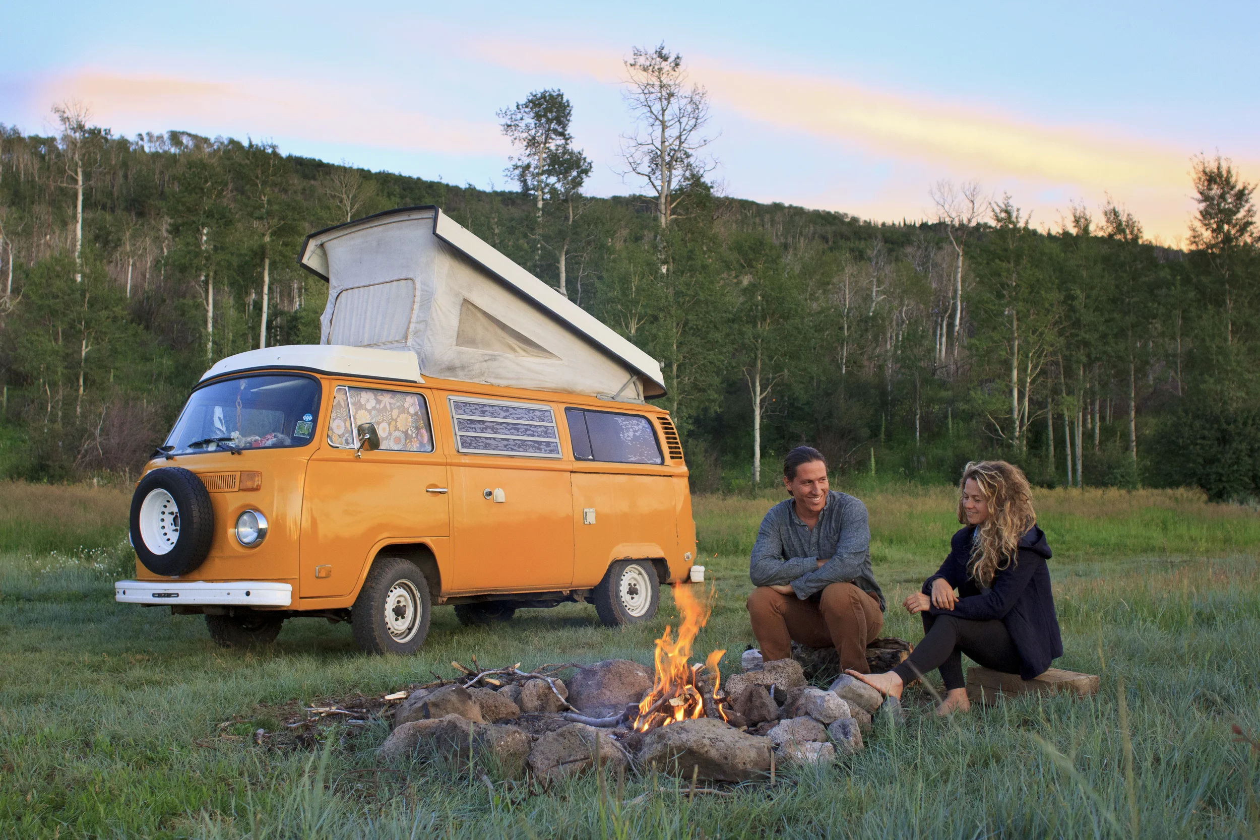 Rachel & James in a VW Bus