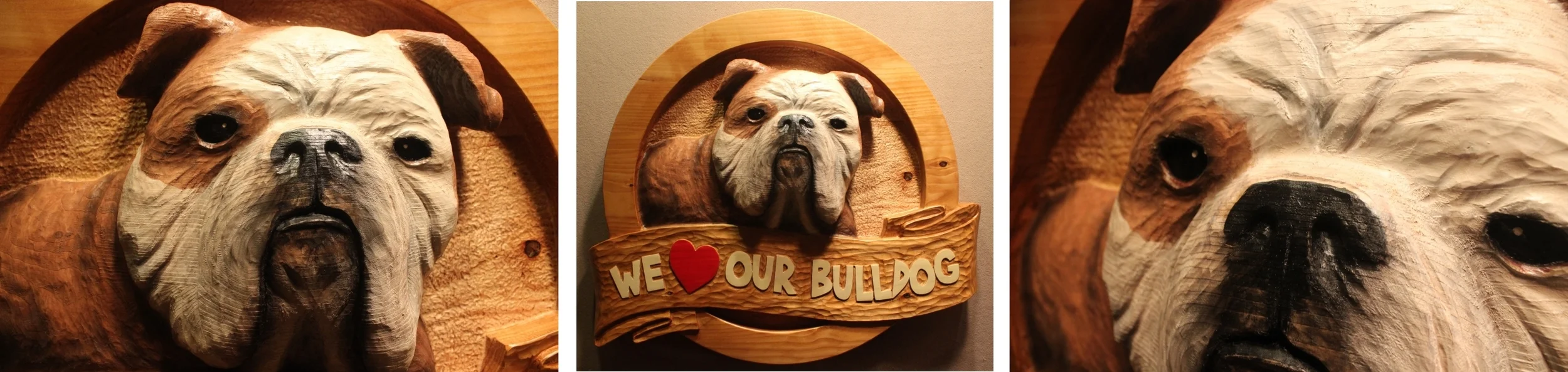 Custom Carved Wooden Sign featuring an English Bulldog and custom carved text. This wooden sign measures approx 36" wide and is 5" thick. 