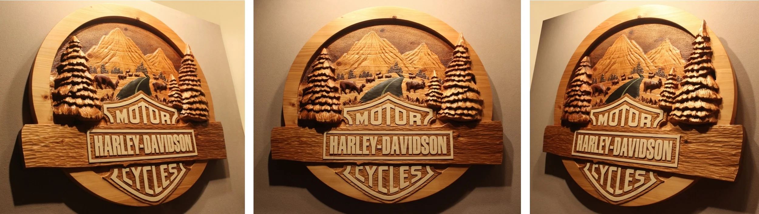 Custom Harley Davidson, Hand Carved Sign. Made from cedar and approx 48" wide and 5" thick. Sign made for a license application and not for sale. See how it was made in the video link. 