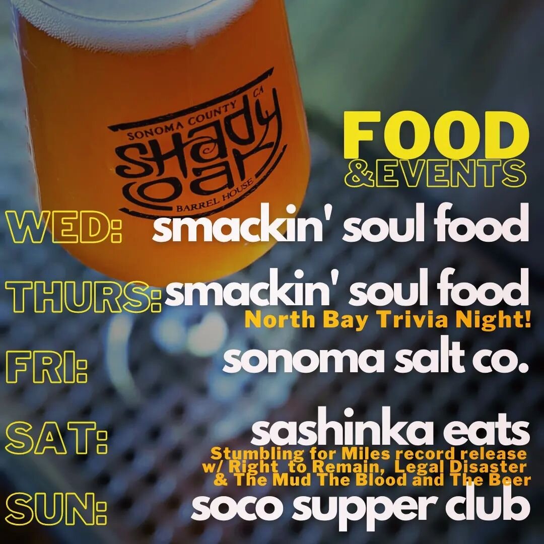 Starting the week strong with a double dose of @smackinsoulfood!

Swing by tonight or tomorrow for @northbaytrivia and get you some comforty comfort food from our weekly regulars.

We've also got @sonoma_salt_co back with their locally focused menu, 