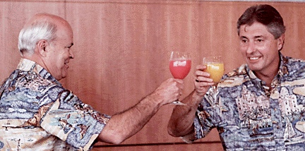 First Hawaiian’s Bank merger with California BancWest is celebrated by their respective executives wearing Avi Kahala Aloha Shirts in 1998.
