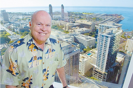 Walter Dods Chairman and CEO of First Hawaiian Bank wearing His Yvonne Cheng Aloha Shirt