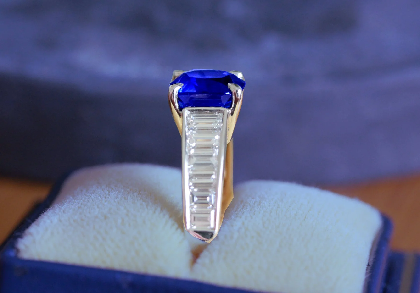 A Kashmir sapphire engagement ring highlighting the blue of a Van Gogh Iris - from every angle! 