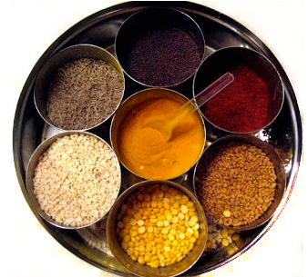 Center top, moving clockwise: Mustard Seeds, Red Chili Powder, Fenugreek seeds, Channa dhaal, Urad dhaal, Cumin Seeds. Center: Turmeric. 