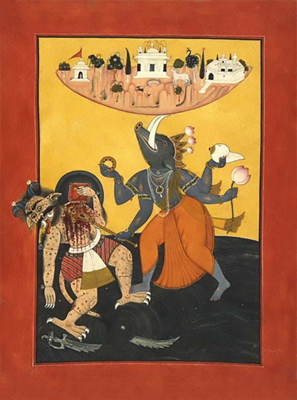 Varāha the boar slays Hiraṇyākṣa and saves the earth from destruction.