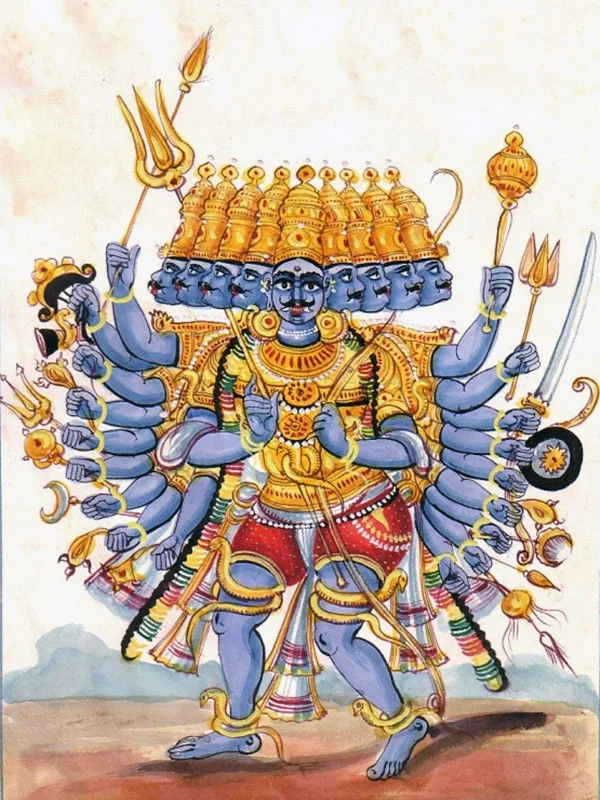 Rāvaṇa depicted with ten heads and twenty arms.