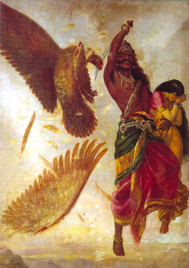 Jaṭāyu falls as Rāvaṇa abducts Sītā.