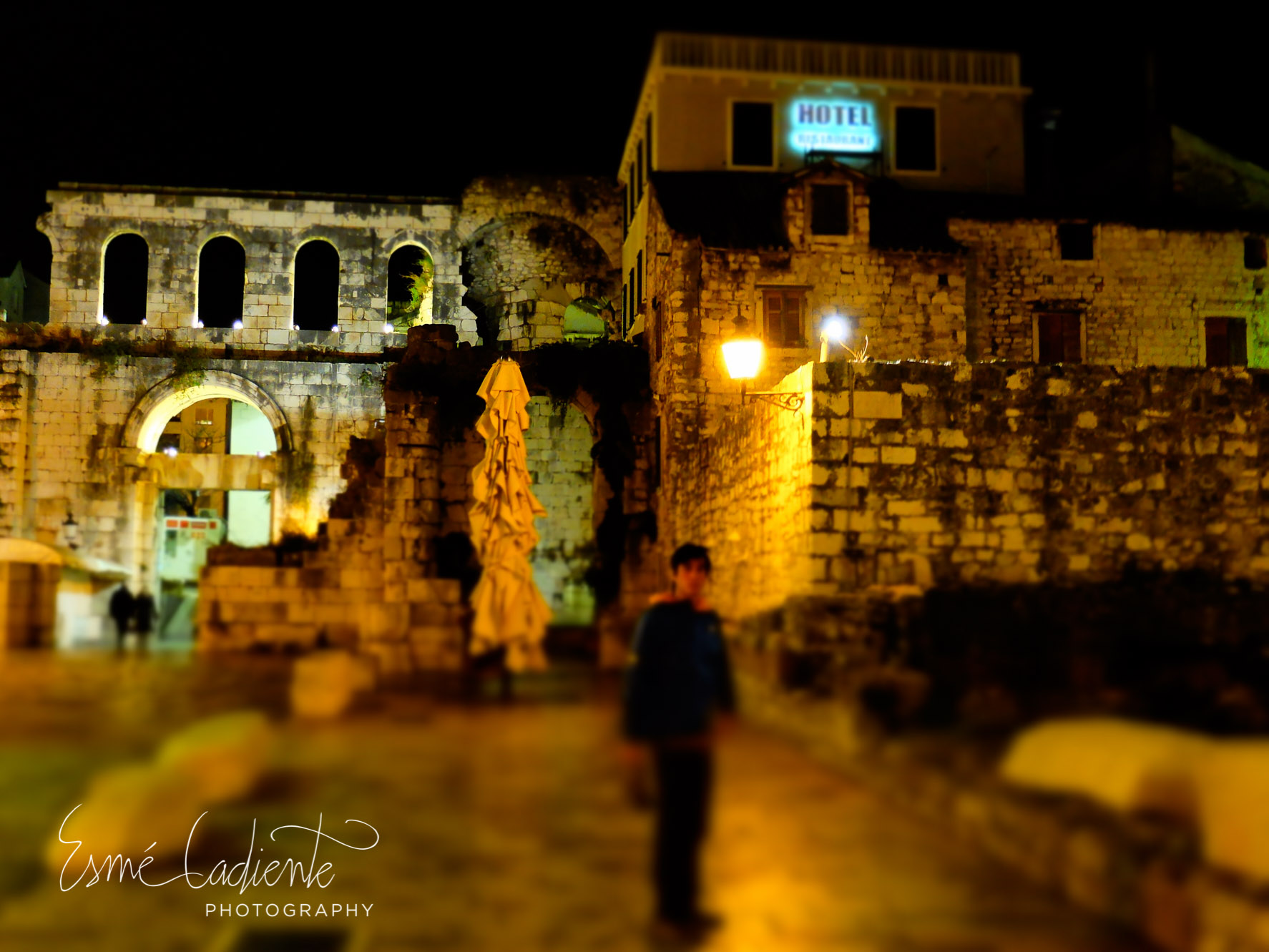 Neon hotel sign in Diocletian's Palace, Split