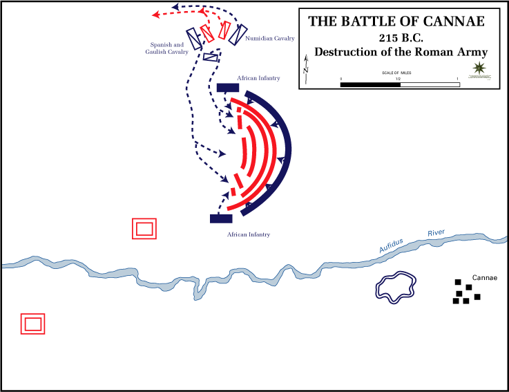 Destruction of the Roman army (red) by Hannibal's forces (blue) at the Battle of Cannae during the Second Punic War, 216 BC. Source: The Department of History, United States Military Academy