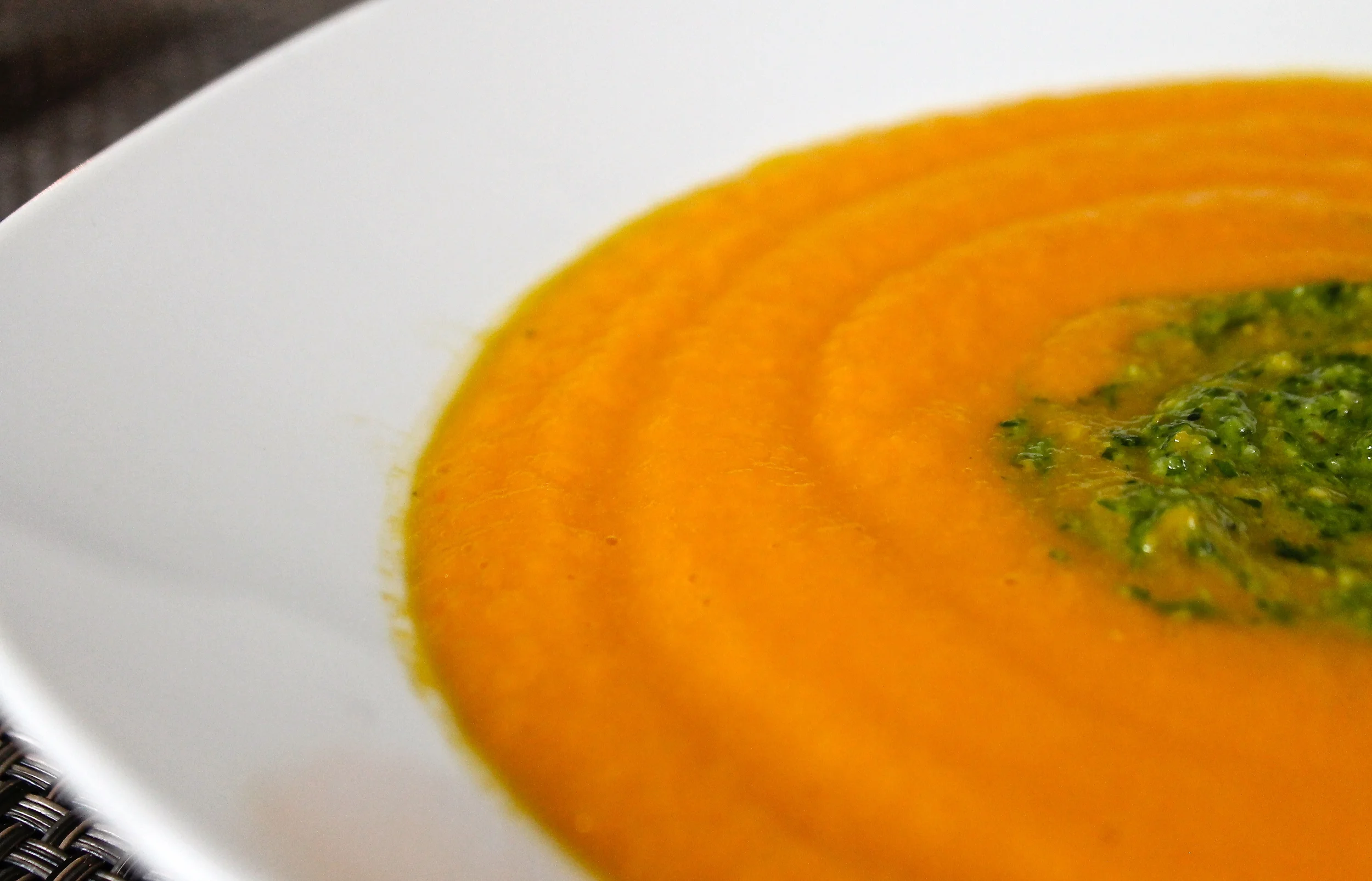 Carrot Soup with Lemongrass, Ginger and Cilantro-Walnut Pistou