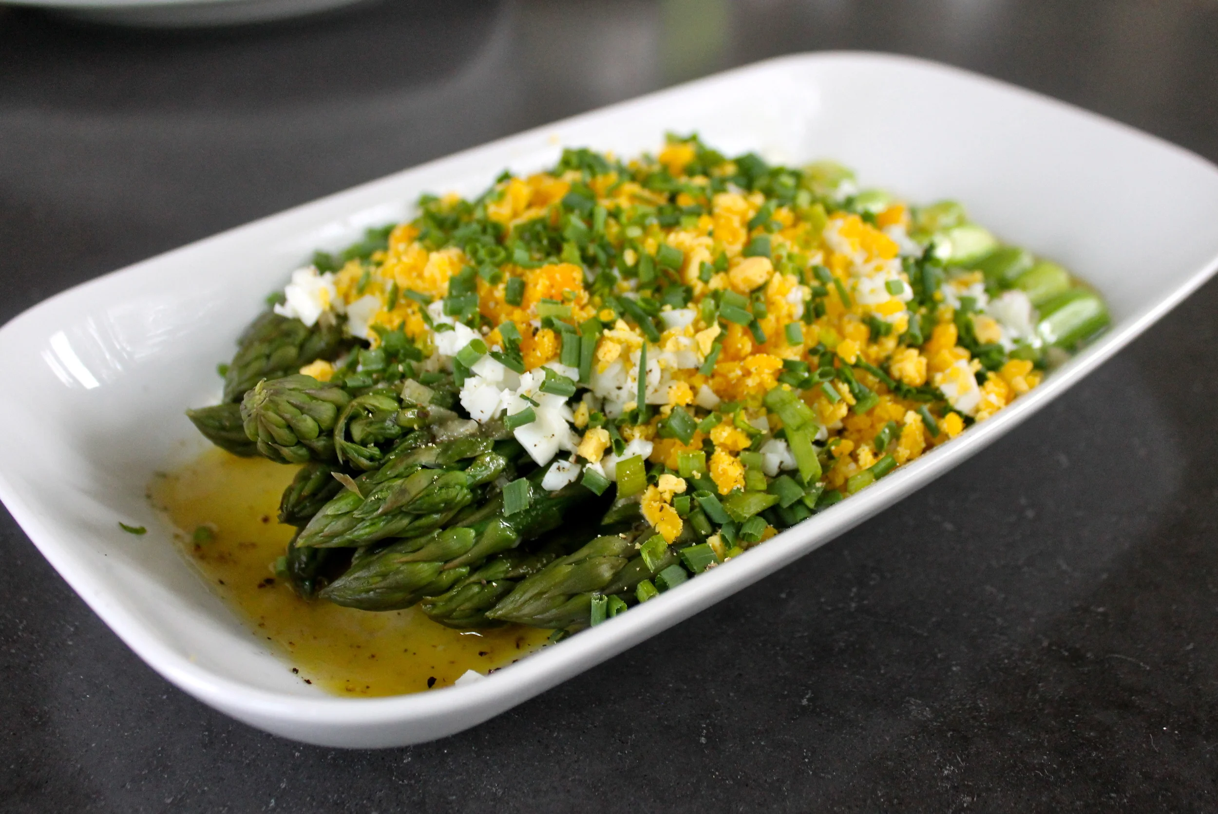 Asparagus with Chopped Egg and Shallot-Mustard Vinaigrette 