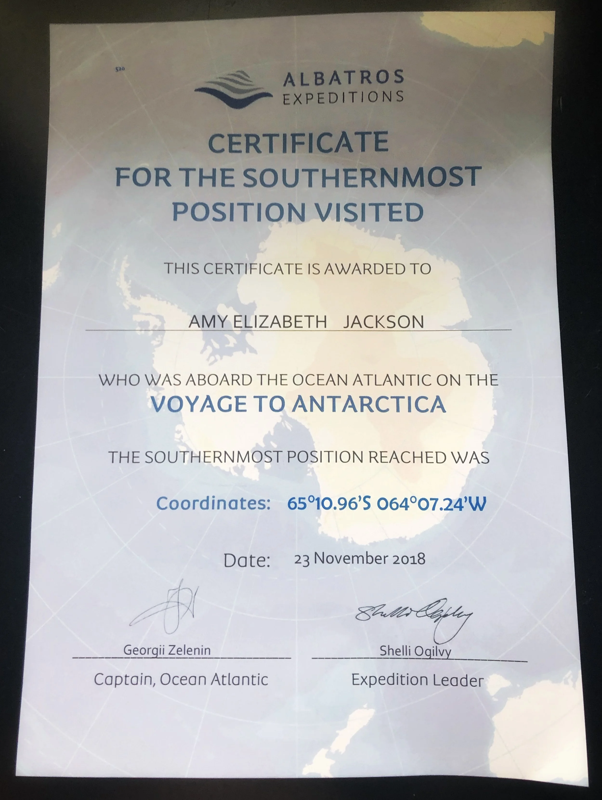 PROOF! Not quite the south pole (which lies at 66°33’S) but pretty damn close! 