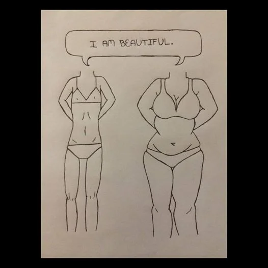 A cartoon I found on Plus Model Jennie Runk's Facebook page. I would have liked to see five more representations of other body types but for now, images of two will do.