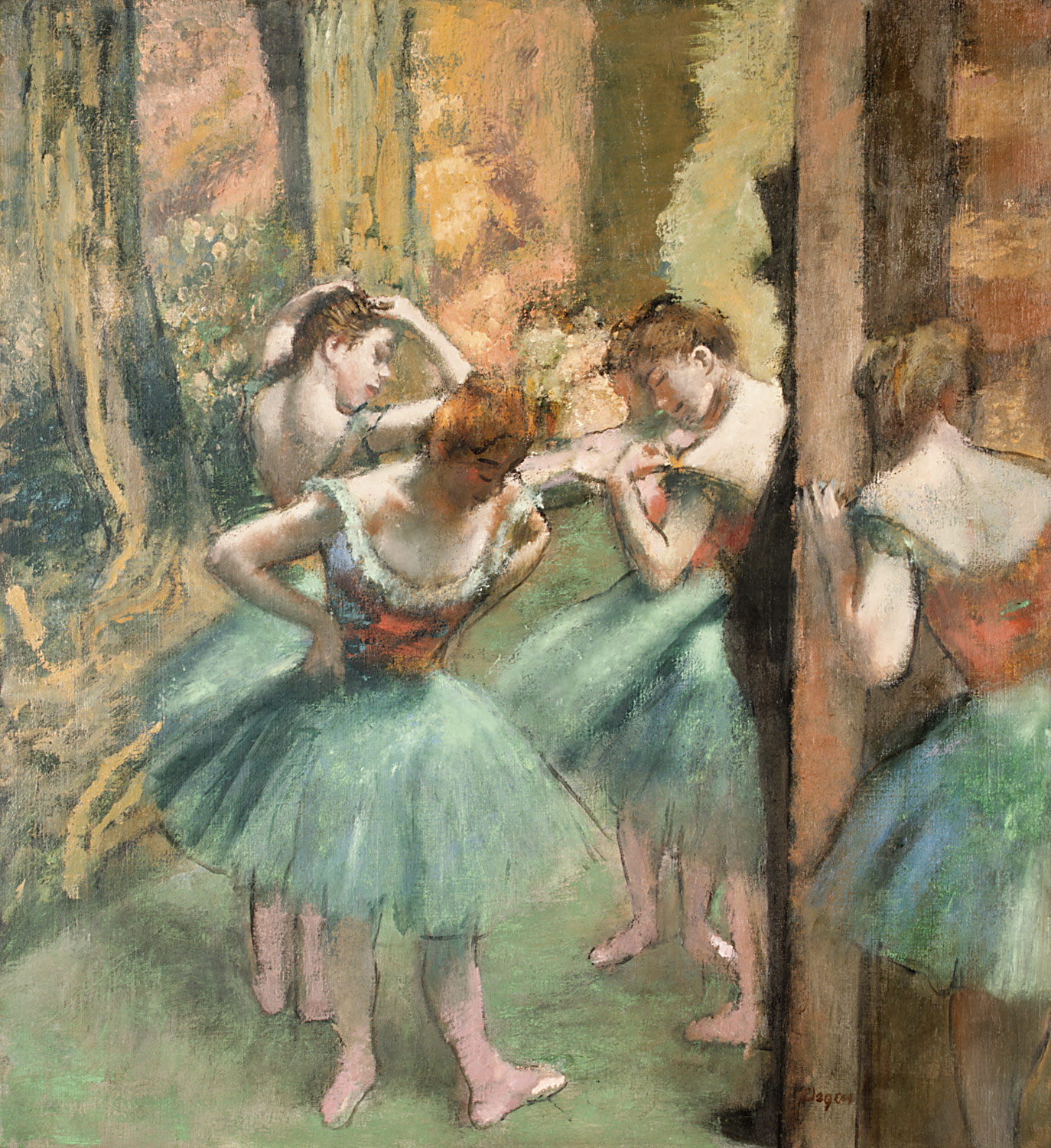 Dancers, Pink and Green by Edgar, Degas. Oil on canvas c. 1890. From the H. O. Havemeyer Collection, Bequest of Mrs. H. O. Havemeyer, 1929. Metropolitan Museum of Art, New York City. On the Met's super informative website I learned that Degas manipulated the oils to mimic the pastel techniques he liked to use.