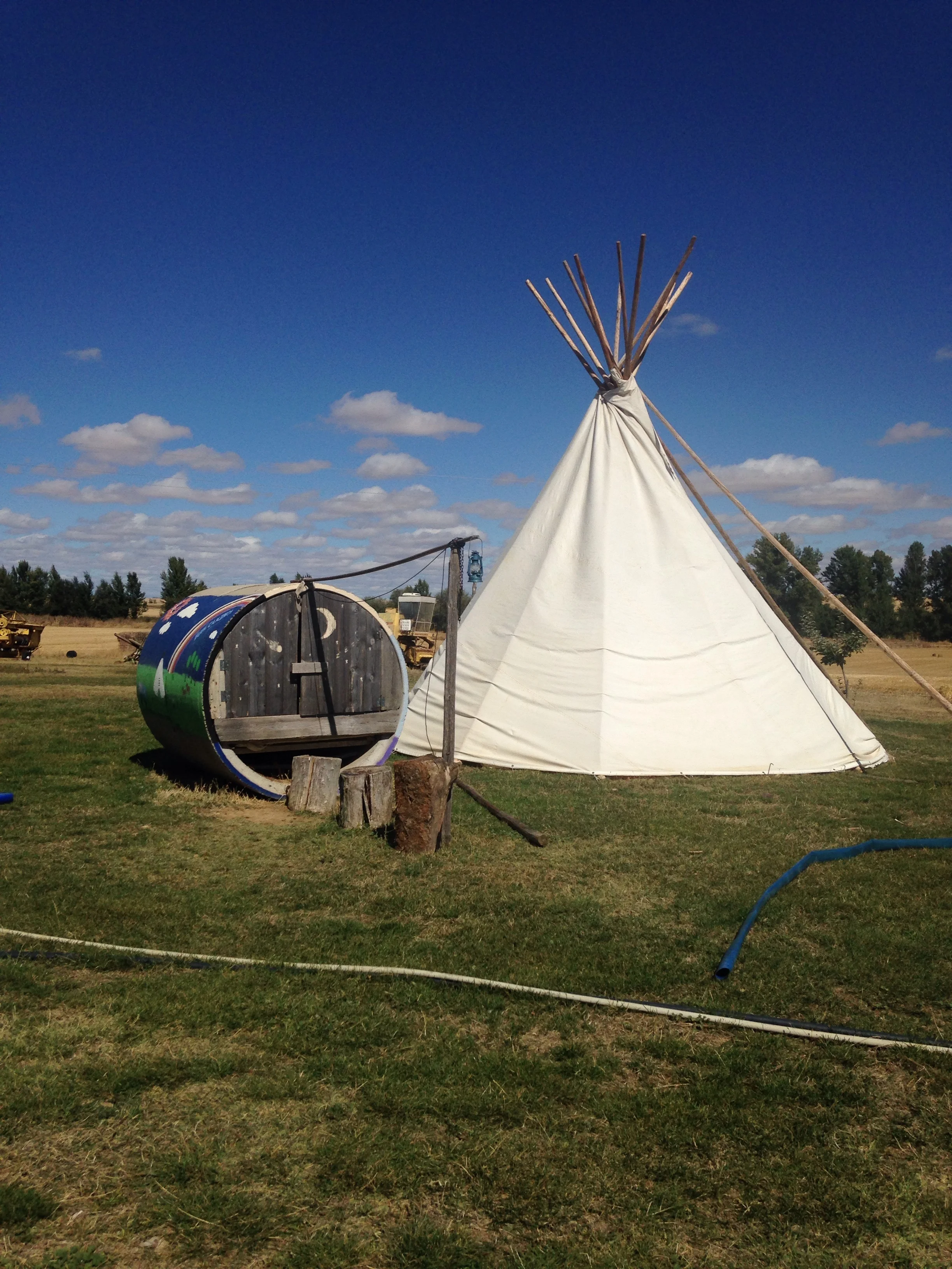 A long day's walk and suddenly teepees rose into view down the road. Had a lovely nights stay with communal dinner, wine around the campfire, and a cozy sleep in a concrete tube turned cabin