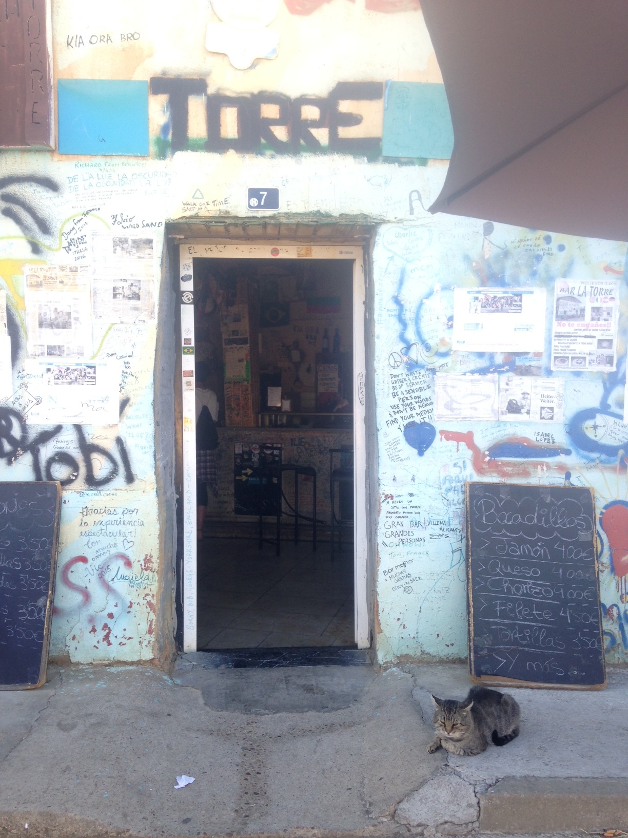I know it looks cute but its cat talons are sharpened and waiting to rip food from pilgrim hands. This cat ferociously guards Elvis Bar, which is the epicenter of tiny Reliegos, as well as acting as a graffiti-ed notice board for those passing through.