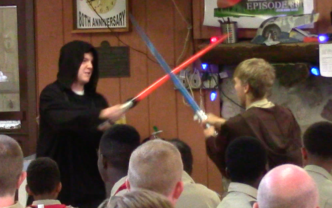 Sith Lord Darth Magus and Jedi Knight Hadron Hastor having a lightsaber deul in the Dining Hall.