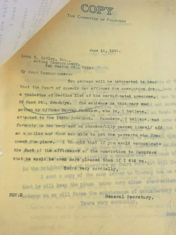 Letter from Frederick Whitten, General Secretary of the Committee of Fourteen, to Leon Godley, Acting Police Commissioner, regarding the arrests at 32 Sands Street. Committee of Fourteen records, Manuscripts and Archives Division, The New York Public Library.
