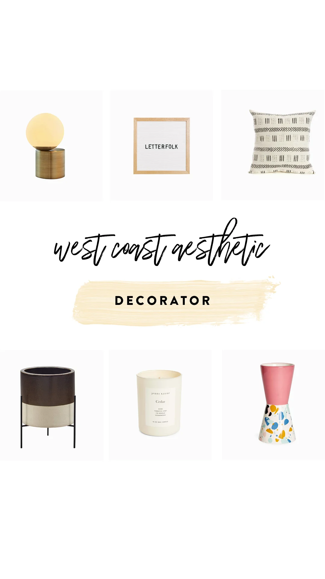 1. Table Lamp | 2. Letterfolk Board | 3. Throw Pillow | 4. Planter | 5. Candle | 6. Decorative Vase