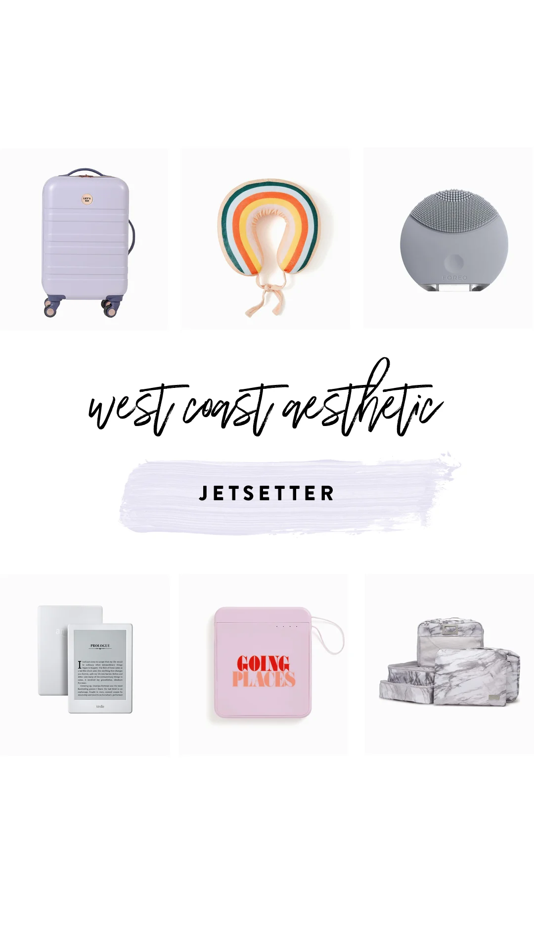 1. Design Love Fest Carry-On | 2. Travel Pillow | 3. Mini Foreo | 4. Kindle | 5. Charger | 6. Packing Cubes