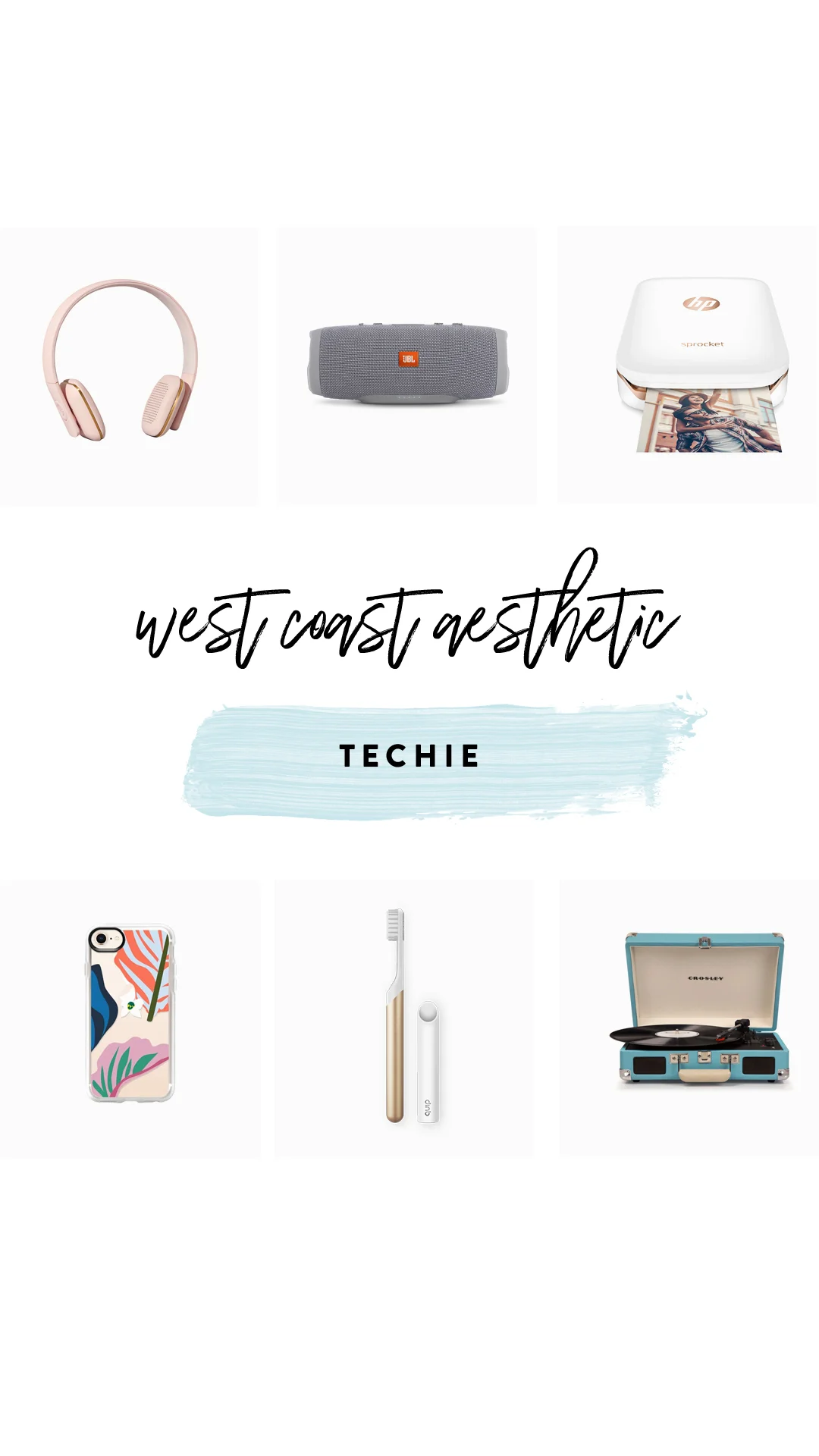 1. Bluetooth Headphones | 2. Waterproof speaker | 3. Photo printer | 4. Phone case | 5. Electric toothbrush | 6. Record player