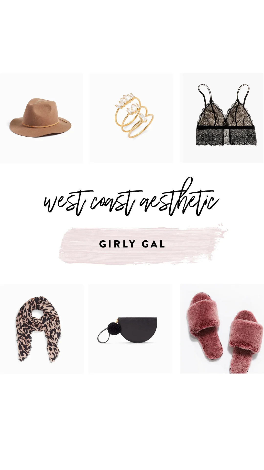 1. Wool fedora hat | 2. Rings | 3. Bralette | 4. Leopard scarf | 5. Wristlet bag | 6. Slippers