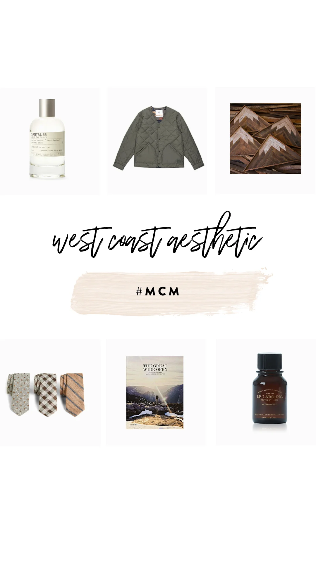 1. Unisex Parfum | 2. Jacket | 3. Wood Wall Art | 4. Ties | 5. Great Wide Open Book | 6. Le Labo Beard Oil