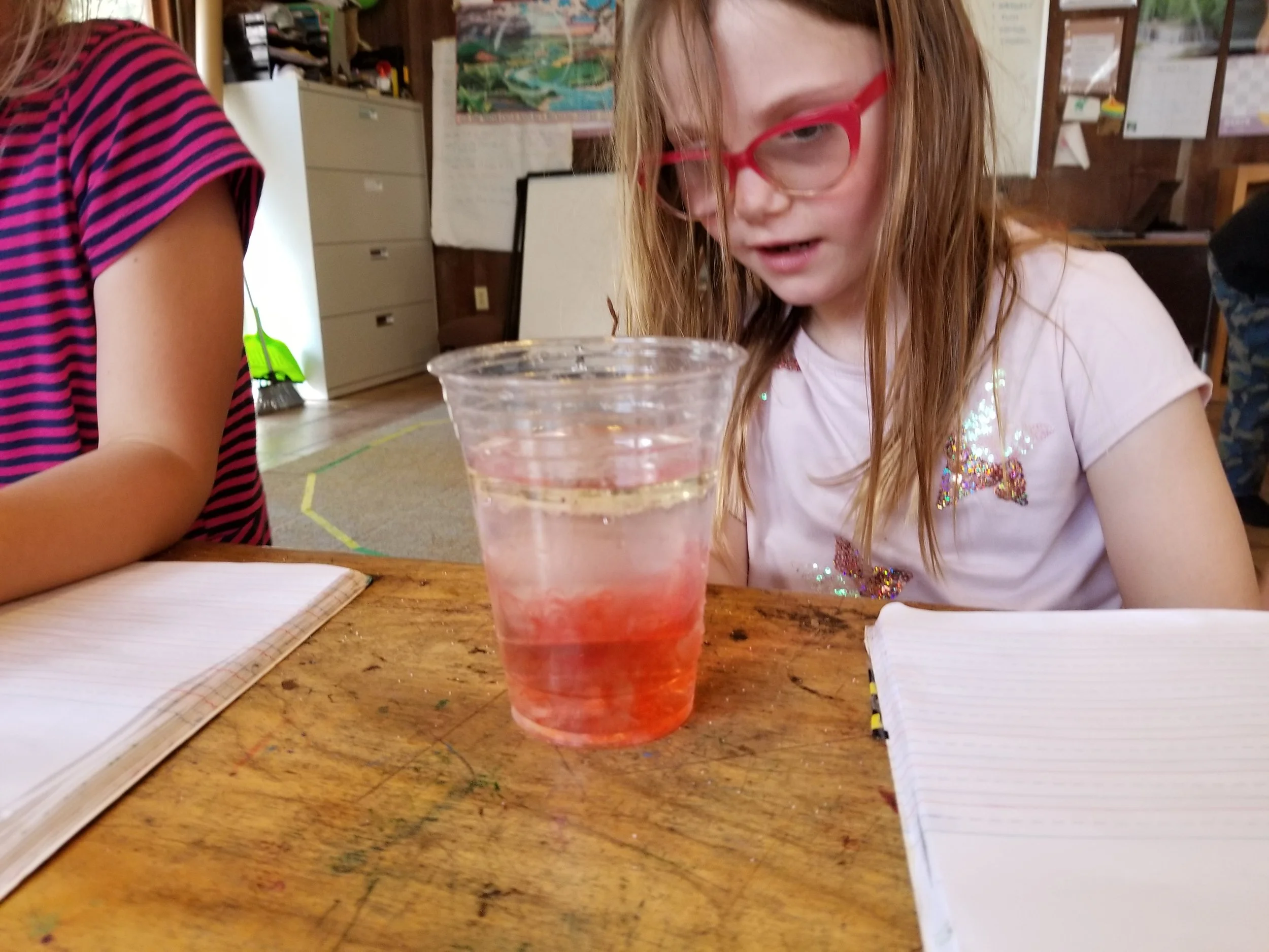 Oil and water layers with salt and food coloring.