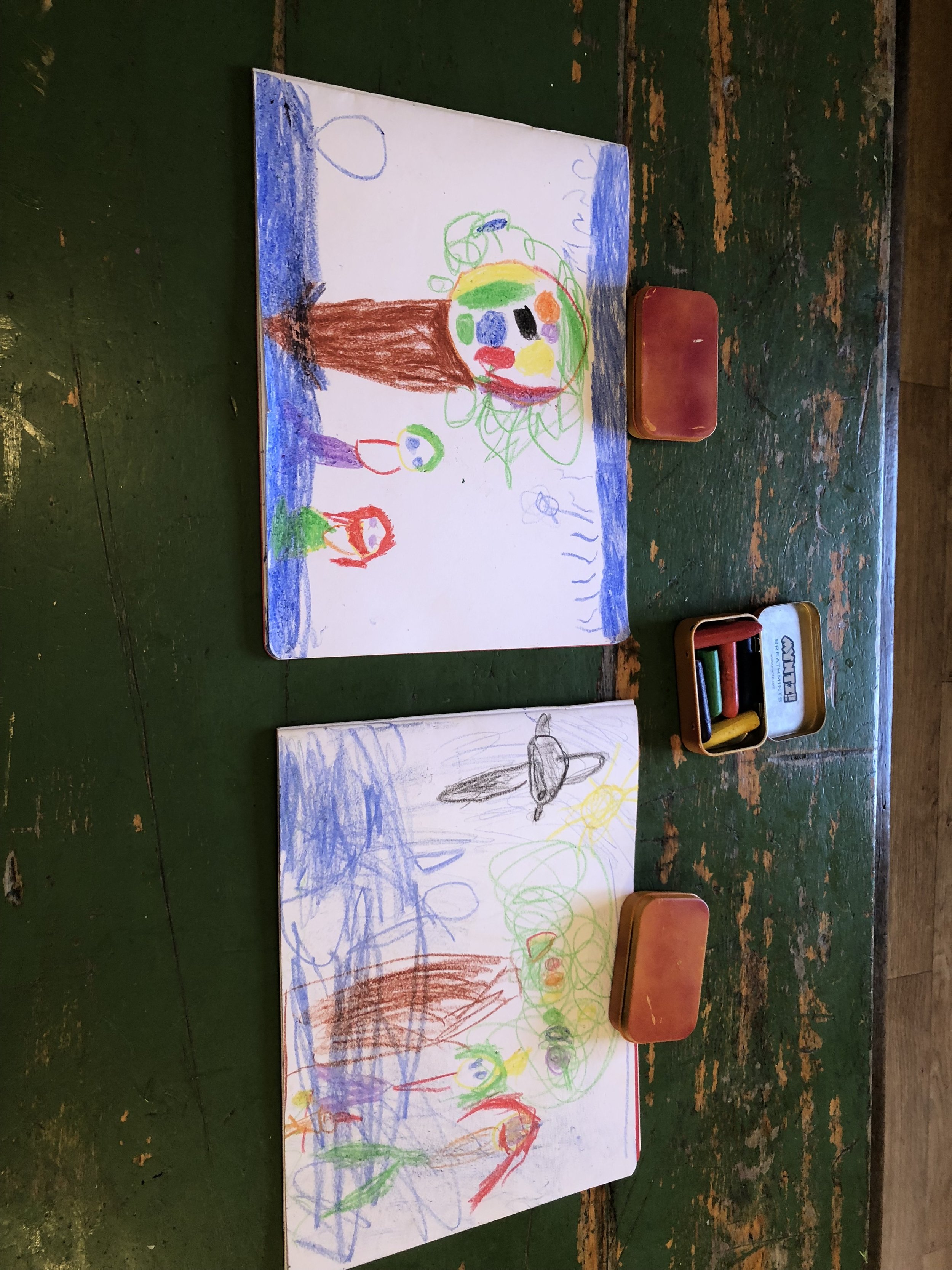 ChetanWin and Zariah’s completed illustrations for the Apple Tree Elves. The kids later dictated their versions of the stories and Kathleen and I wrote down their words.