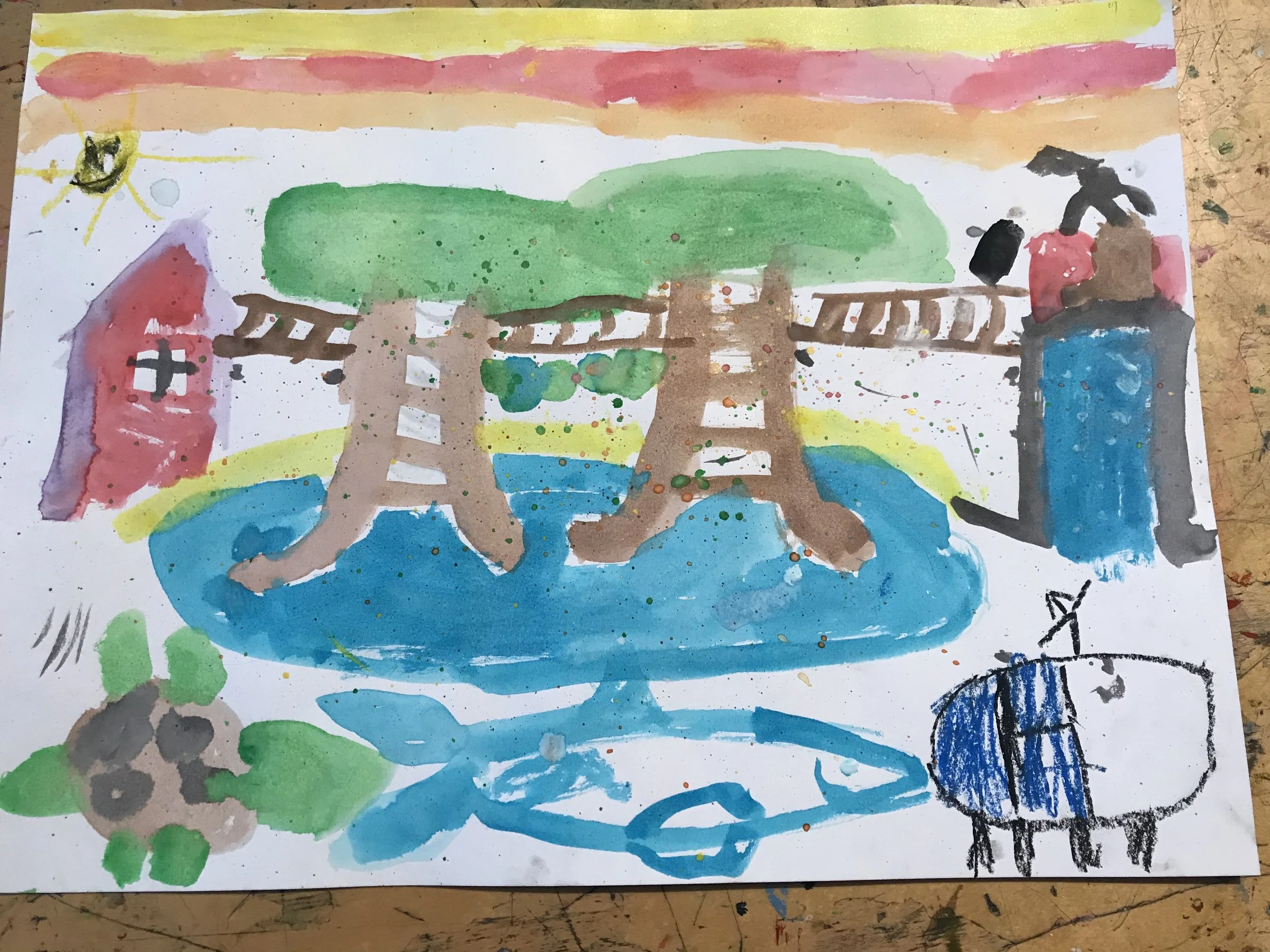 cityscape&nbsp;This was a two class project. First, the kids used watercolor to create the sky. While those were drying, they used magazines to cut out the shapes of structures. The following week, we added golden moons and arranged the buildings an…