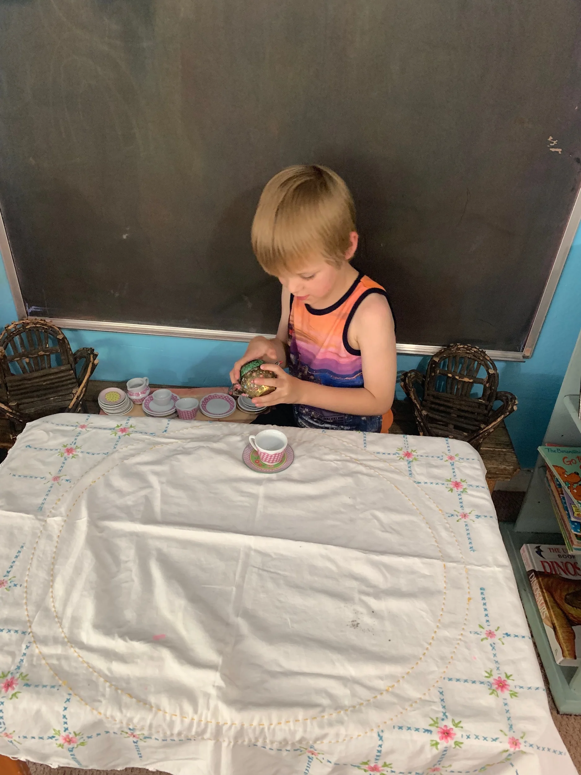 Jacob set up a tea party at rest/play time and served many of us goodies. This group of kids is big into imagination already — lovely to see and be a part of.