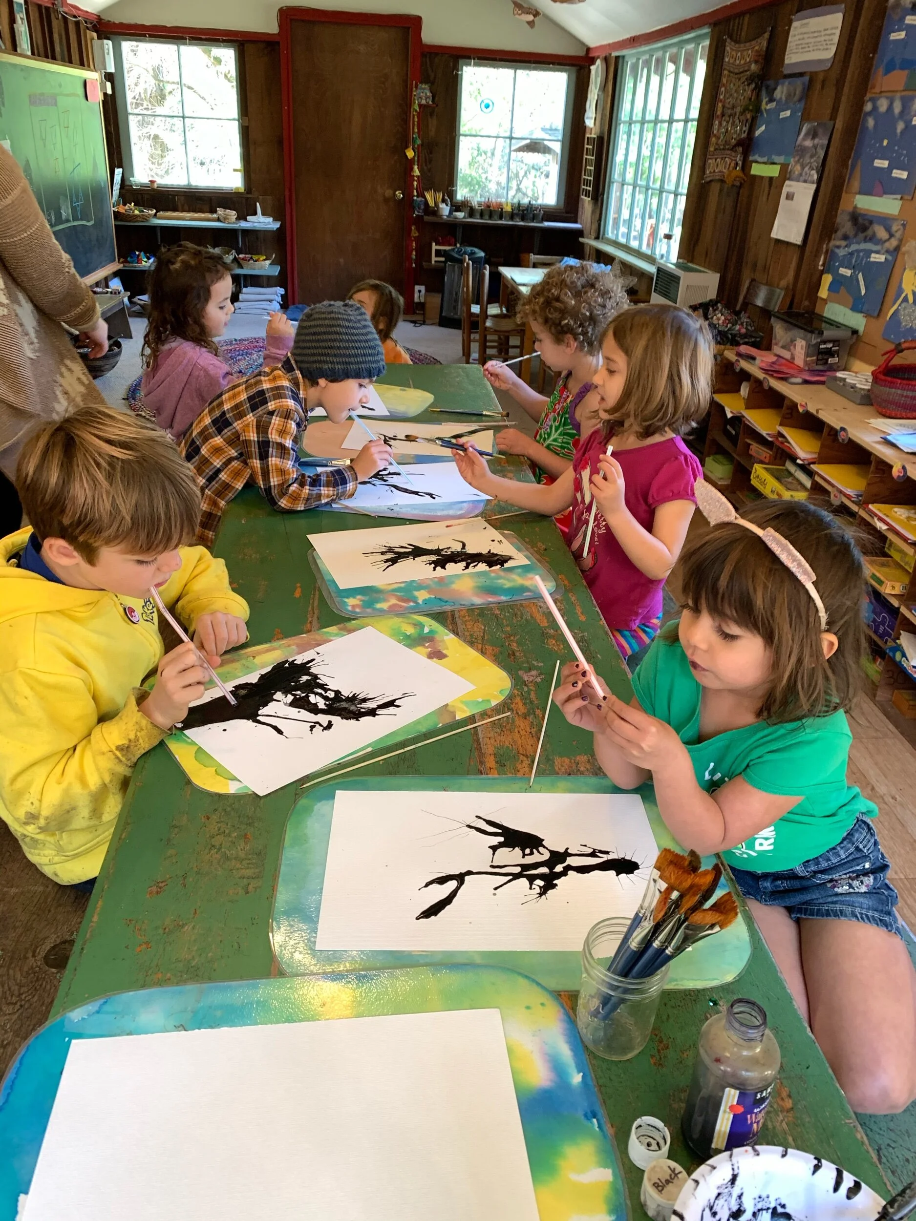 Blow painting with sumi ink. Blossoms will be added soon. Come visit in class to see the finished products.