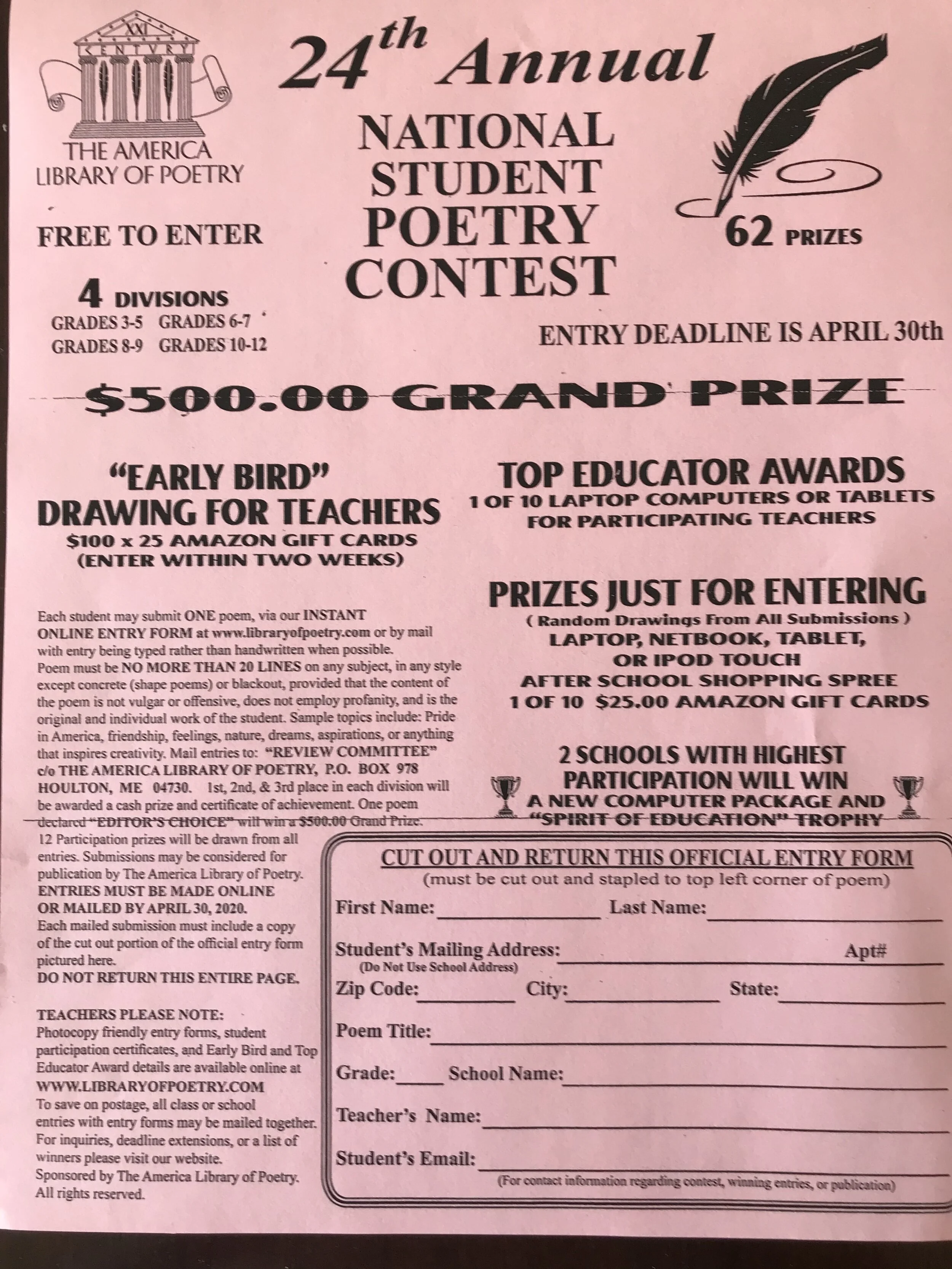 Poetry contest for interested 3rd thru 5th graders!
