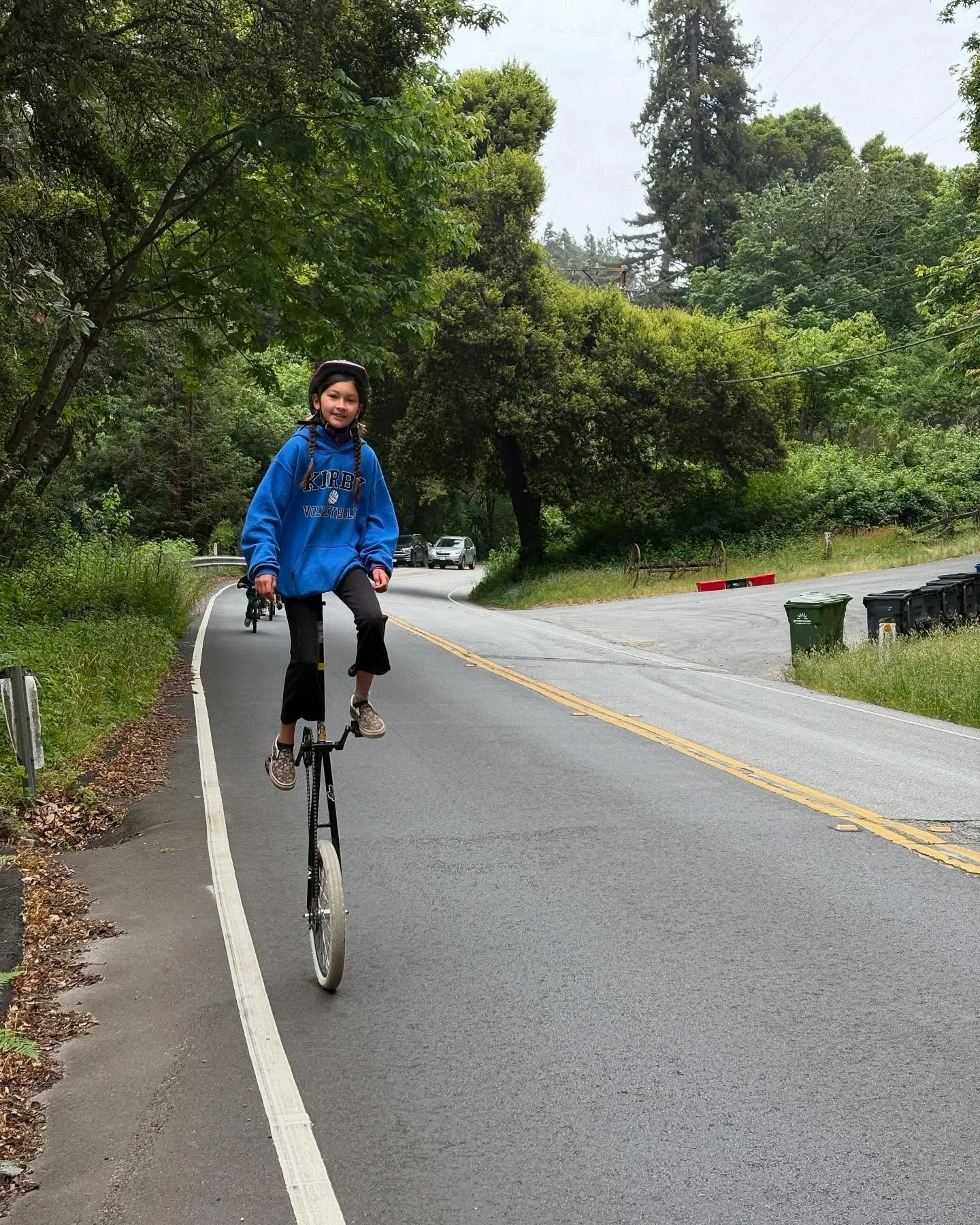 Orchard&rsquo;s version of Bike to School Day- unicycle to school! Here&rsquo;s Jemma on a giraffe uni casually riding down trout gulch to school. #orchardschoolaptos #biketoschool #ecologyaction #unicyletoschool