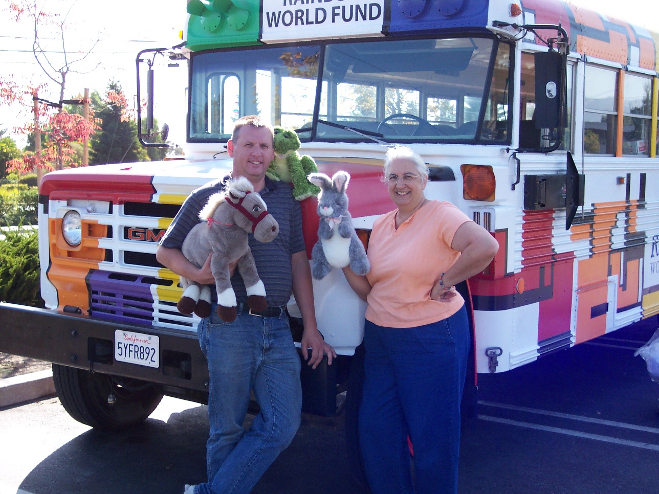 RWF bus driver Ed Johnson with Ellen Hensen of Animal Beacons of Light - RWF has distributed thousands of stuffed animals to children during our humanitarian aid trips. These huggable friends were headed to children in Tijuana, Mexico.