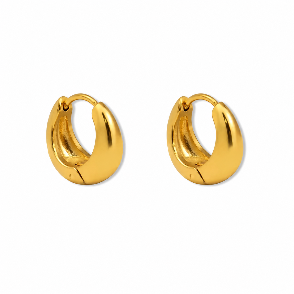 ouse Thirteen Curve Huggie Earrings. Gold PVD stainless steel chunky hoop earrings, white background
