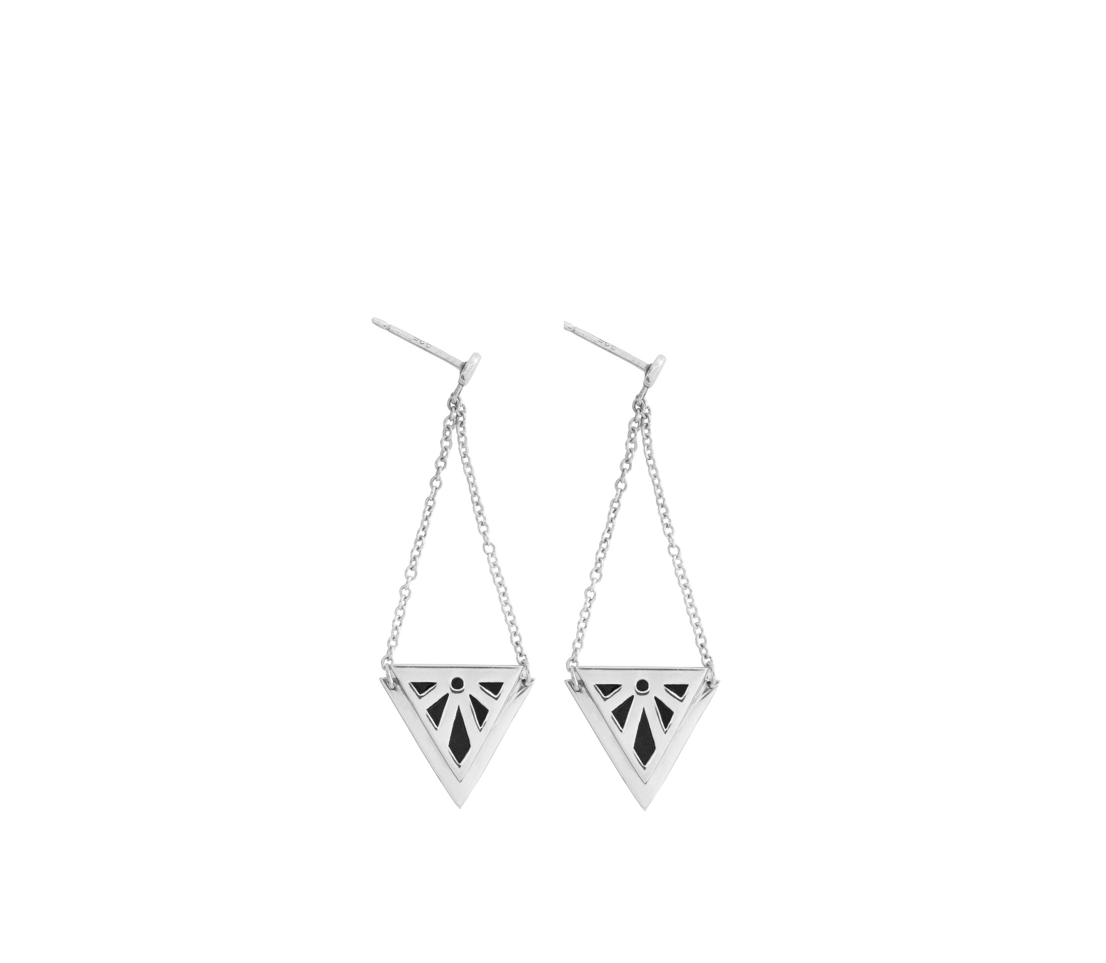 a pair of silver triangle earrings on a chain on white background