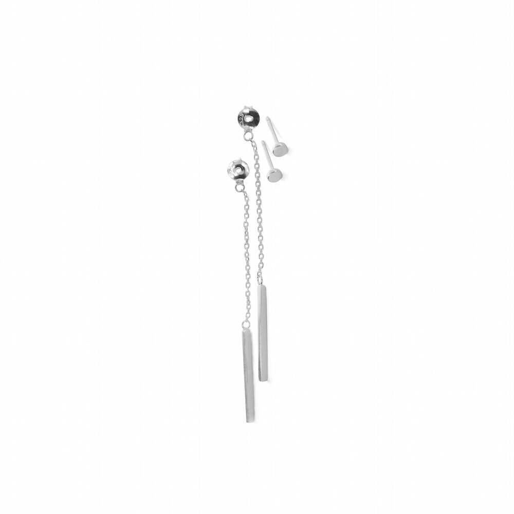 pair of silver drop earrings on white background