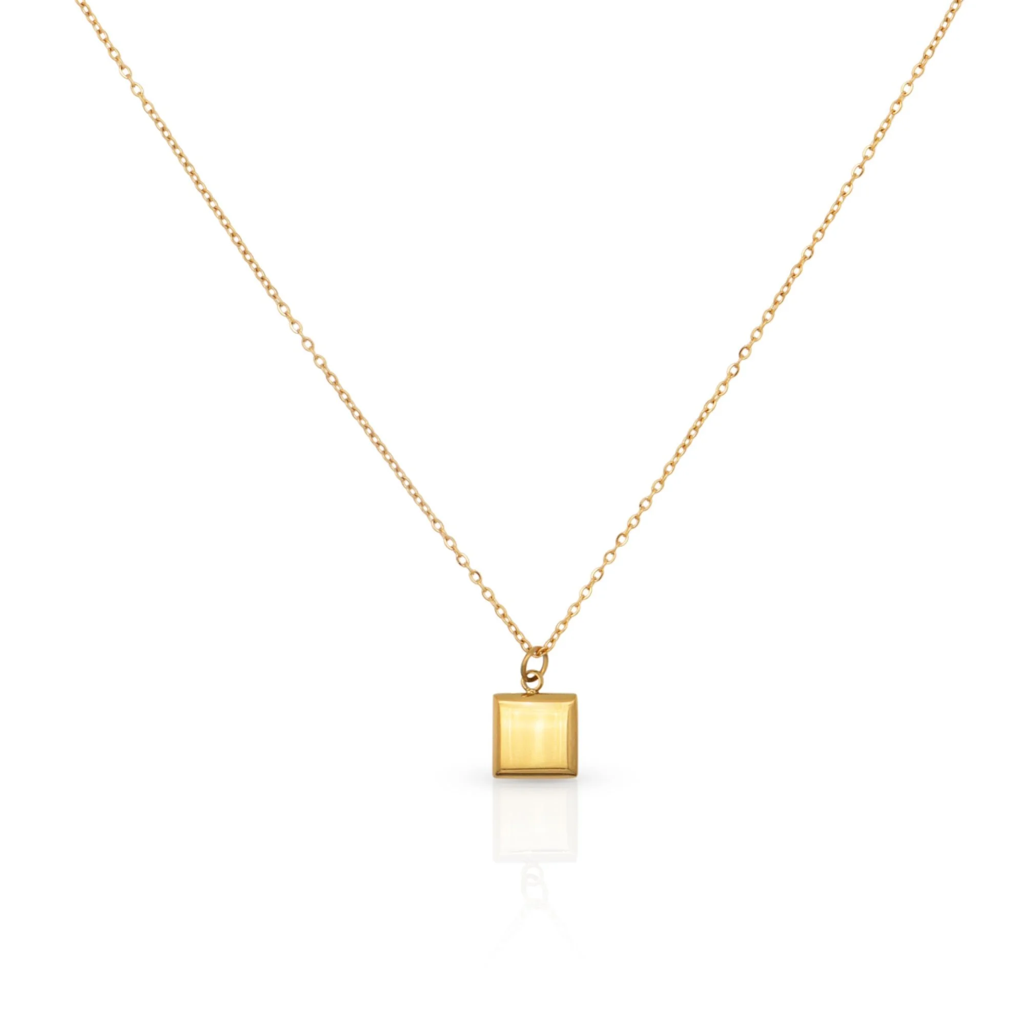 House Thirteen Square Necklace. Gold PVD plated pendant necklace on fine cable chain, white background