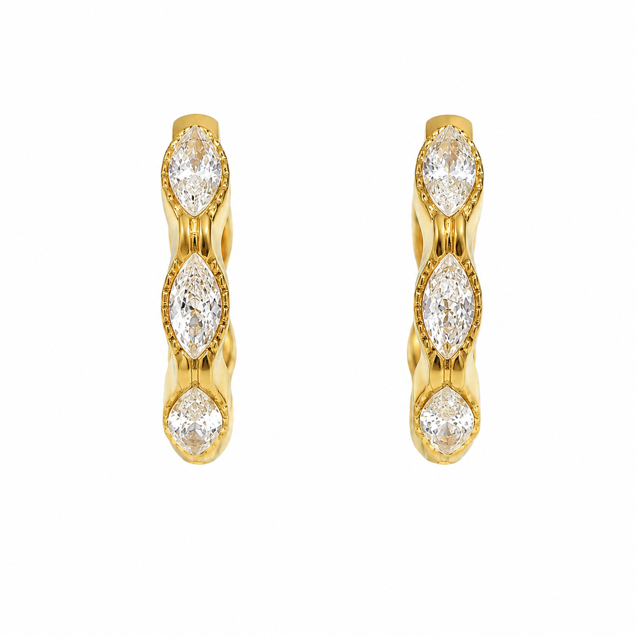House Thirteen Luna Huggie Earrings in gold PVD stainless steel with marquise cubic zirconia stones, white background