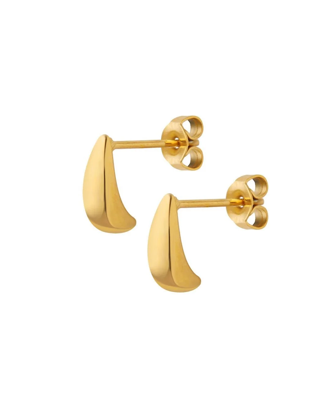 House Thirteen Teardrop Stud Earrings in gold PVD stainless steel on white background, polished teardrop stud earrings