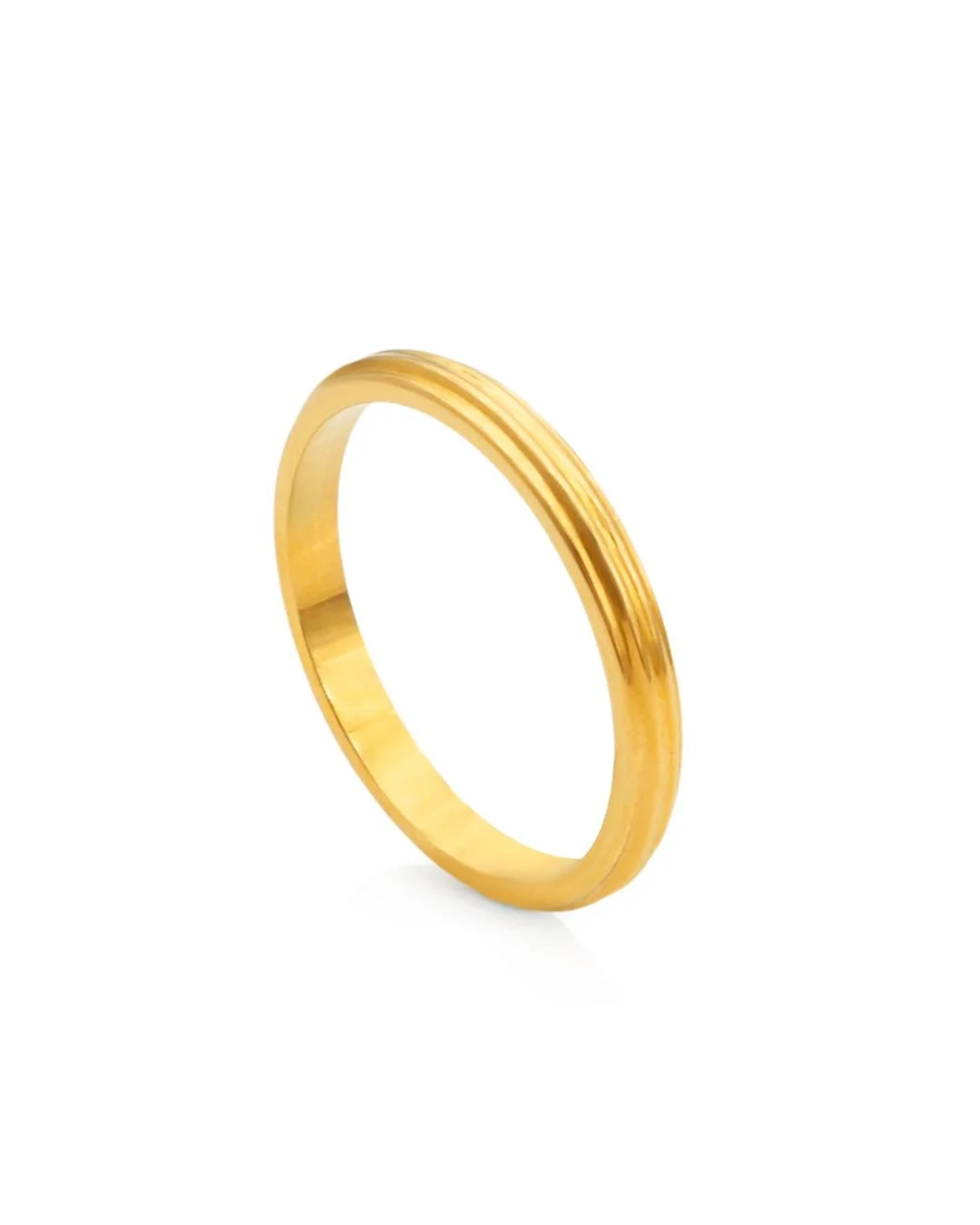 Close-up product image on a white background of House Thirteen's Ridge Stacking Ring in gold, featuring fine ridge texture and slim minimalist band design. Great for stacking or wearing alone