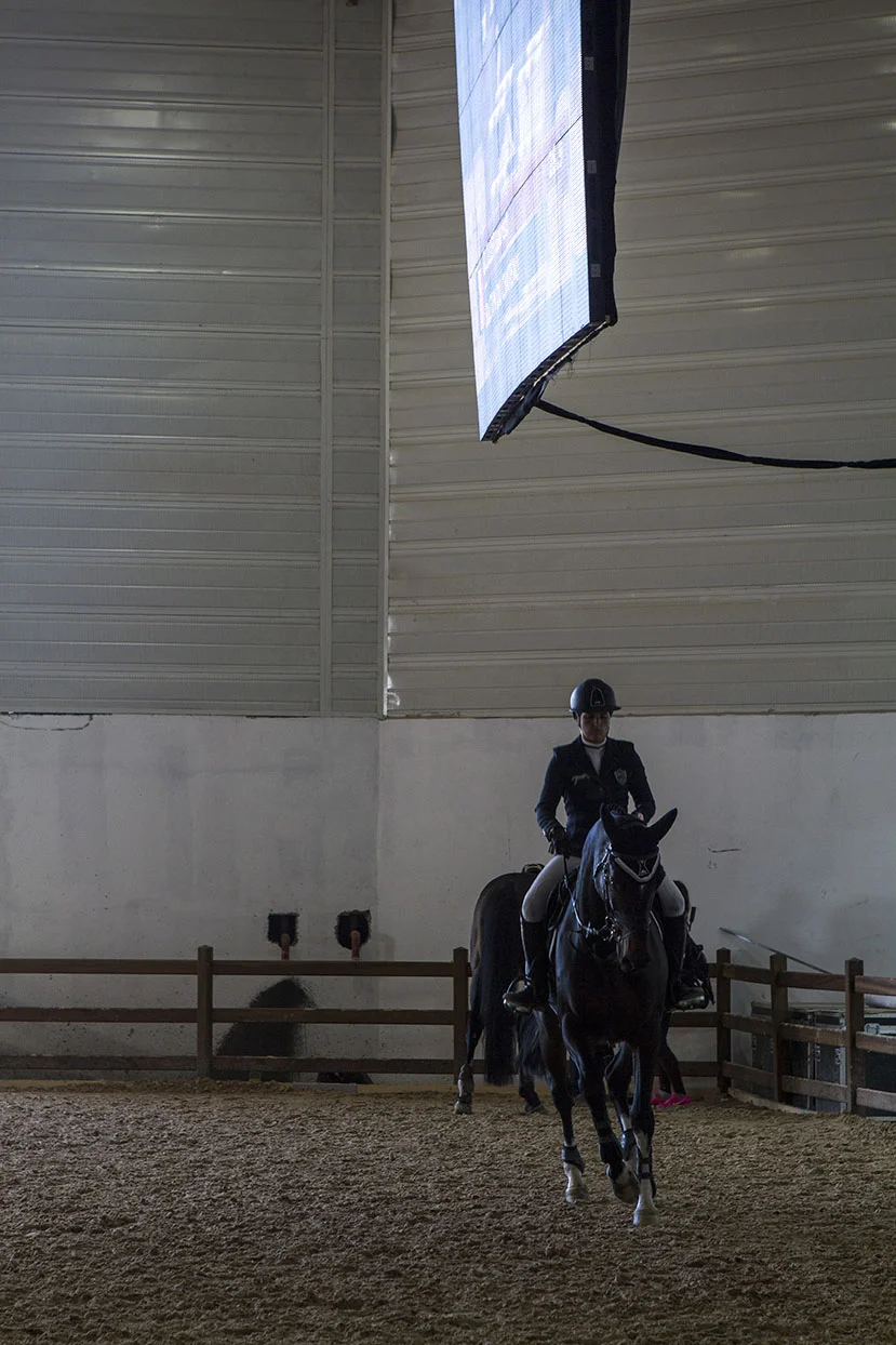 A HORSE HUMPER WARMING UP BEHIND THE SCENES