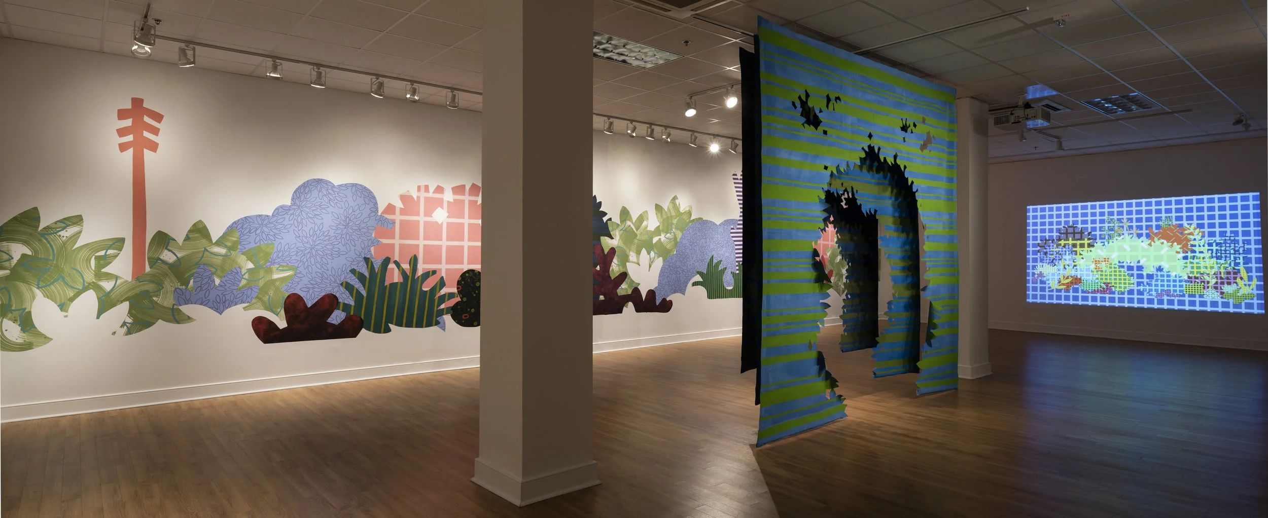 Works from right to left: Blinky Bricolage (2019) in collaboration with Kyle Statham; 3 minute animation on loop, projection; Proscenium Hedgerow (2018) 11ft x 10ft x 2ft; series of three latex on cut muslin panels Piecemeal Promenade (2019) 48ft x 11ft; latex on muslin cut-outs, adhered to wall;