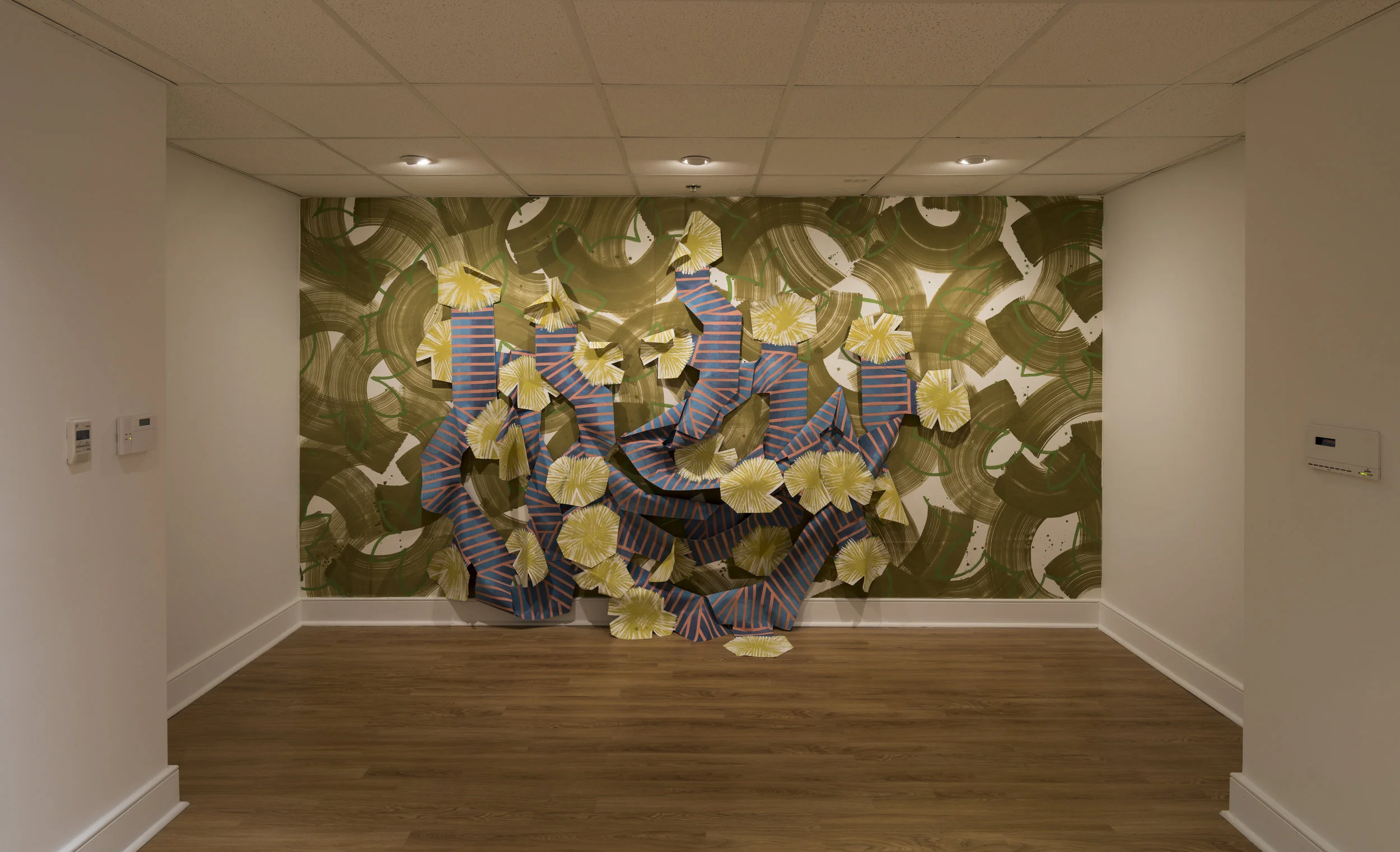 Sloppy Espalier , 2018, Painted muslin wall covering, painted and cut muslin garland, wood blocks, painted magnets, on painted muslin wall covering; 7.5ft x 14ft