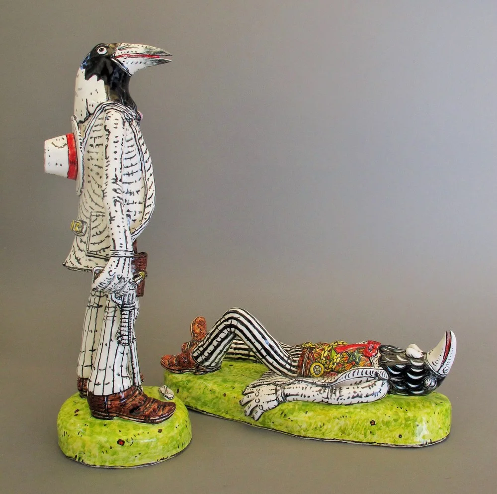 The Assassination of Mr Tui by that coward white-backed Magpie by Chuck Joseph.jpg