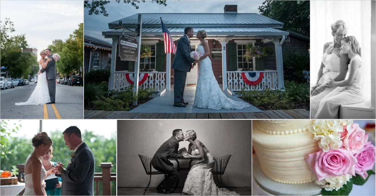 Collage of wedding photos including couples exchanging vows, a bride and groom, a close-up of a cake with pink roses, and a woman with a young girl.